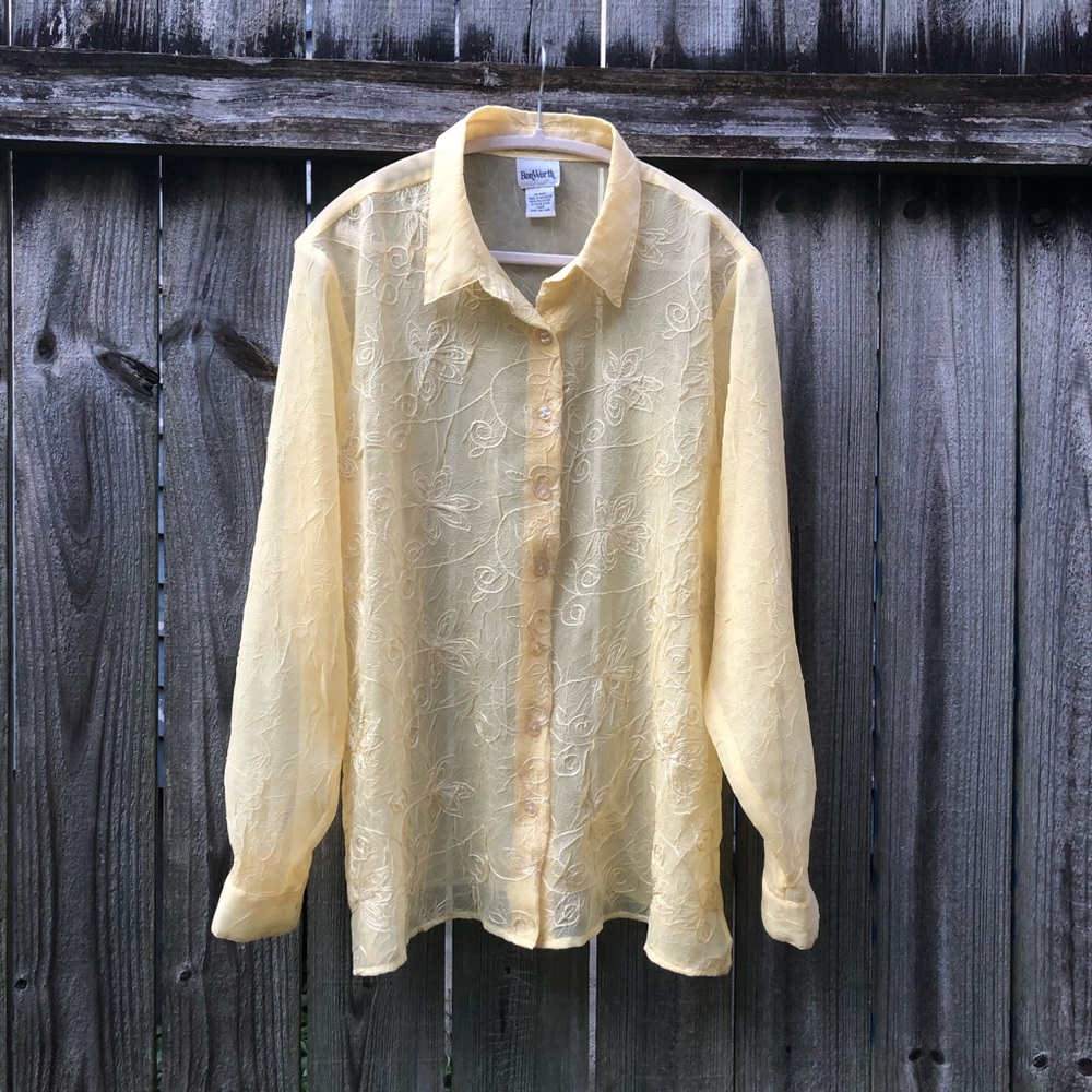 Vintage 90s Sheer Embroidered Organza Button Down Blouse Size L Butter Yellow